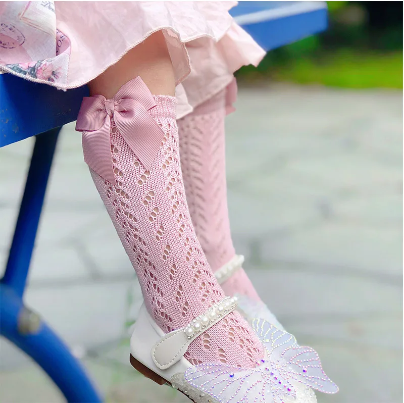 girl socks mesh Pink Lovely Girl Mesh Net Socks Ruffle Knee High Hollow Bow Kids Girl Baby Socks toddler girl knee high socks