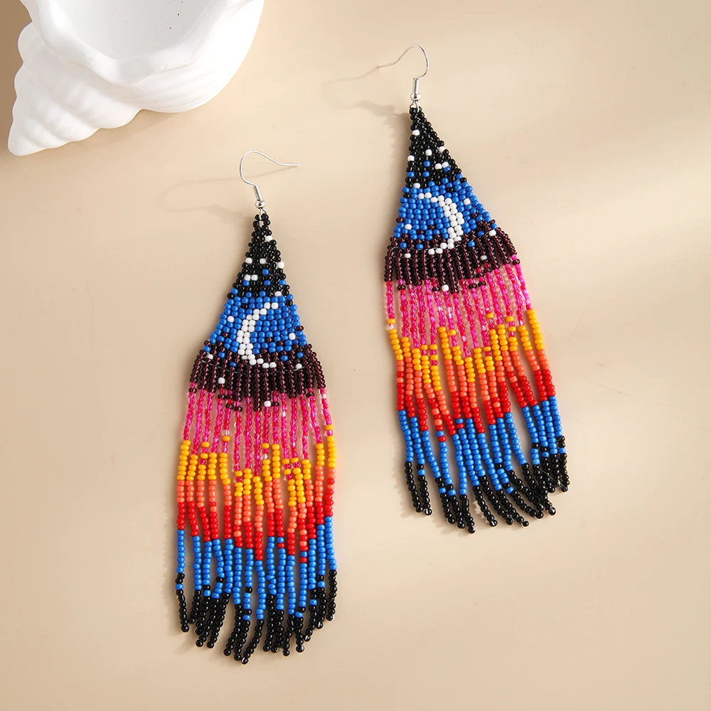 

Beaded earrings Tassel Sunrise Moon Astral Originality View Hand knitting Bohemia Alloy Tide Simple Rice bead earrings