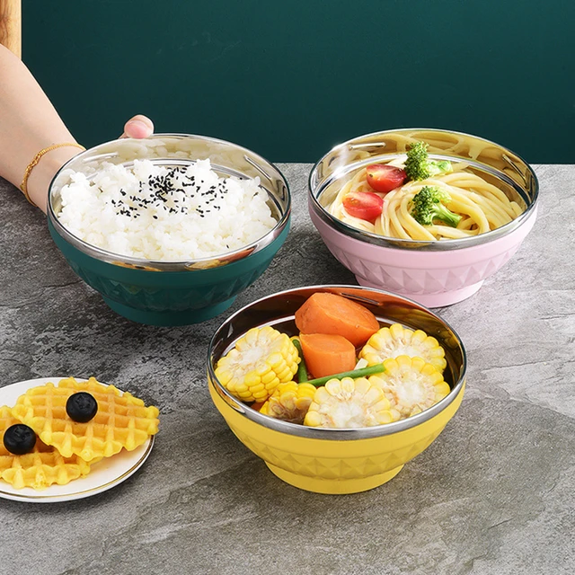 Double Wall Cute Children Soup Bowl Kitchen Stainless Steel Steamed Rice  Fruit Bowls Metal Camping Tableware for Food Container - AliExpress