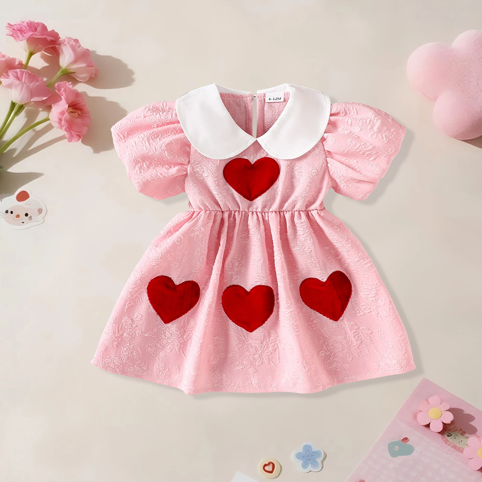 Summer Kids Toddler Girl A Line Dress Short Puff Sleeve Doll Collar Heart Embroidery Dress Clothes 2
