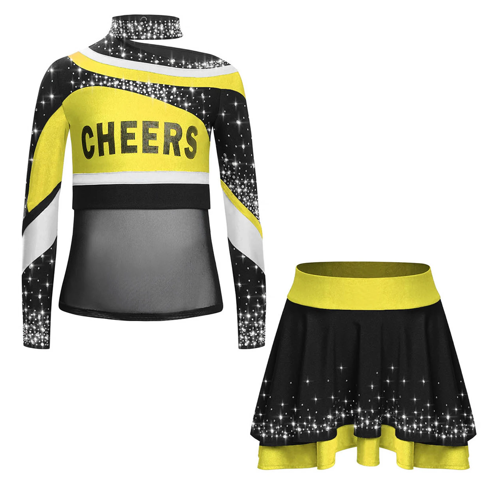 Cheerleading-Outfits für Kinder und Mädchen, Cheerleader-Tanz-Performance-Kostüm, langärmlig, mit Buchstaben-Aufdruck, glänzendes Strass-Oberteil mit Rock – Detail 12