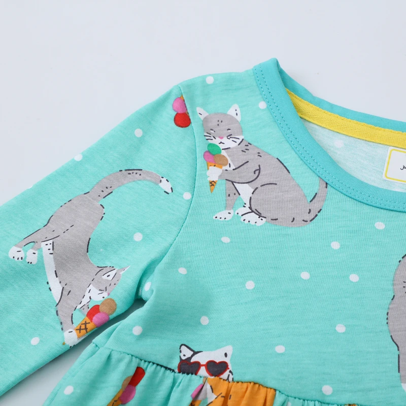 Children's Clothing Kids Clothes 20245 Autumn Girls Long Sleeves Cartoon Cats Dress with Pockets Cotton