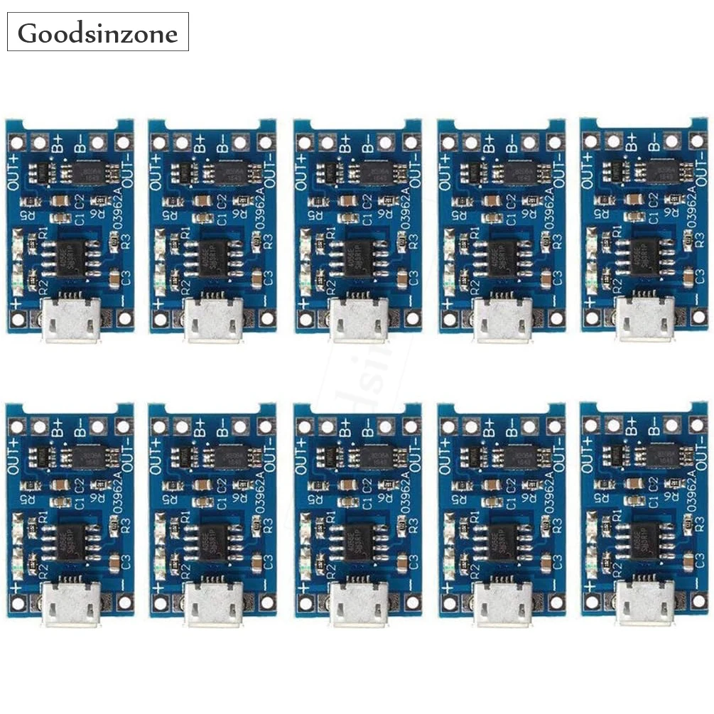 

10 шт., зарядная плата TP4056 для литиевой батареи 5 в 1 а 18650, зарядная плата для литиевой батареи, зарядный модуль с Micro USB и защитой