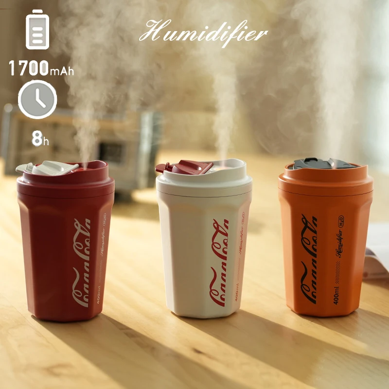 2022 Newest Coke Cup Humidifier Rechargeable 400ml Wireless Portable Flame Air Humidifier with Battery Home Car Aroma Diffuser