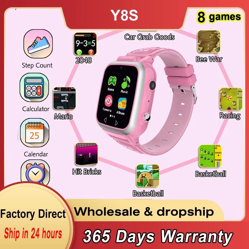 어린이 게임 스마트 워치 듀얼 카메라 MP3 음악 SD 카드 만보계 스마트워치 알람 시계 Y8S 베이비 워치 어린이 선물, 1.44 인치