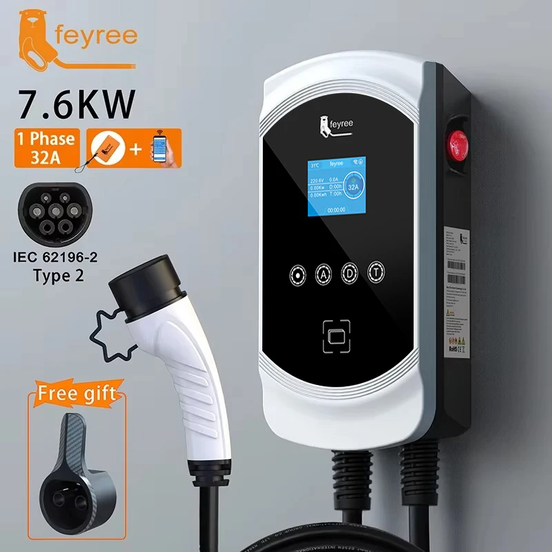 feyree EV Charger 32A 7.6KW Electric Vehicle Car Charger EVSE Wallbox 11KW 22KW 3Phase Type2 Cable IEC62196-2 Socket APP Control — view 2