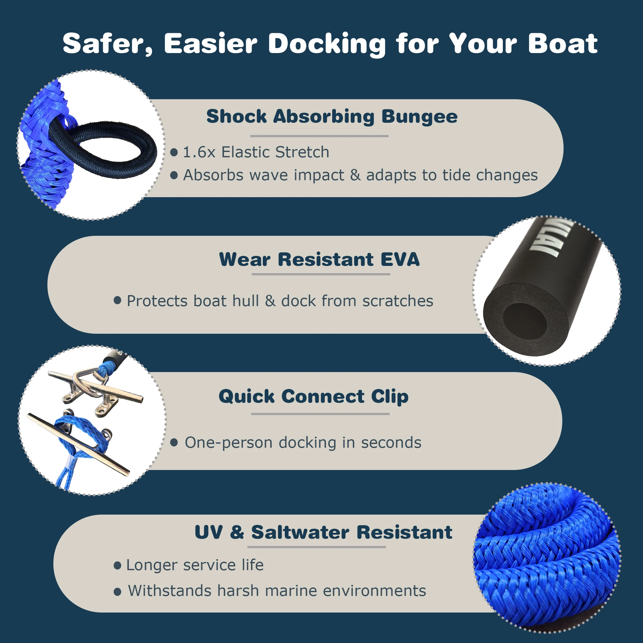 Durable Blue Bungee Dock Line – Heavy Duty, Stretchable Boat Rope with Hook/Loop Accessories