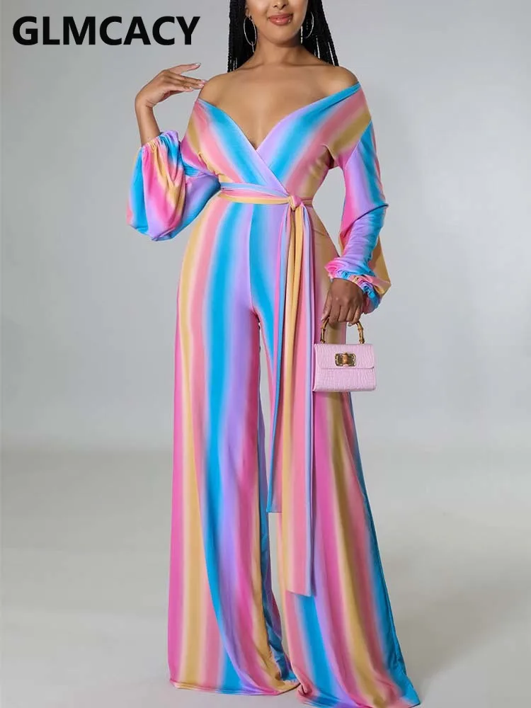 

Women Long Sleeve V Neck Casual Loose Jumpsuit Rainbow Striped Wide Leg Ovevralls