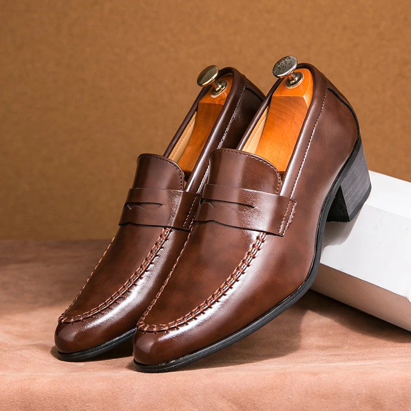 Men Retro Dress Shoes Black Brown Medium High Heels European and American Business Banquet Cuban Leather Shoes Size 38-45 3