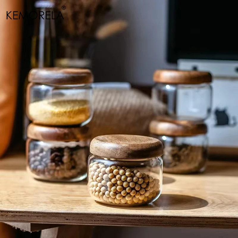 KEMORELA 330/500/750/1000ML Glass Storage Jar with Wooden Lids Countertop Seasoning Bottle Spice Jar Tea Candy Rice Pepper Jar 3