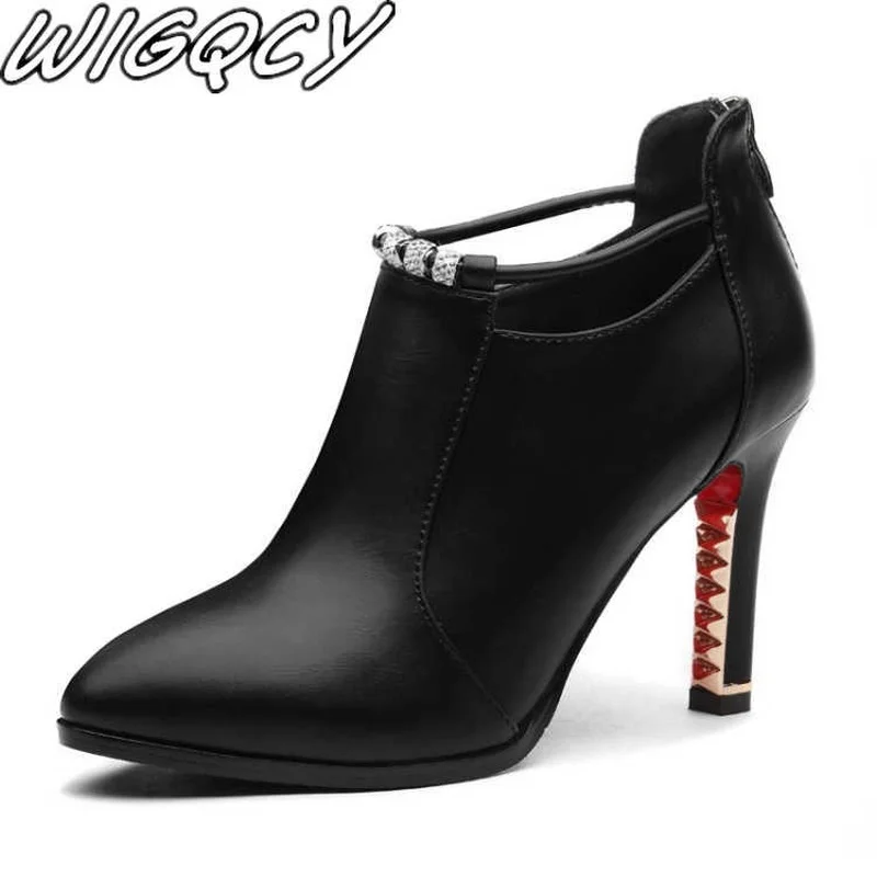 Winter Boots Botas Mujernew Winter Boots Women Shallow Round Toe Red Women's Boots Thin Heels Zip Ankle Pu Leather Zapatos De Mujer