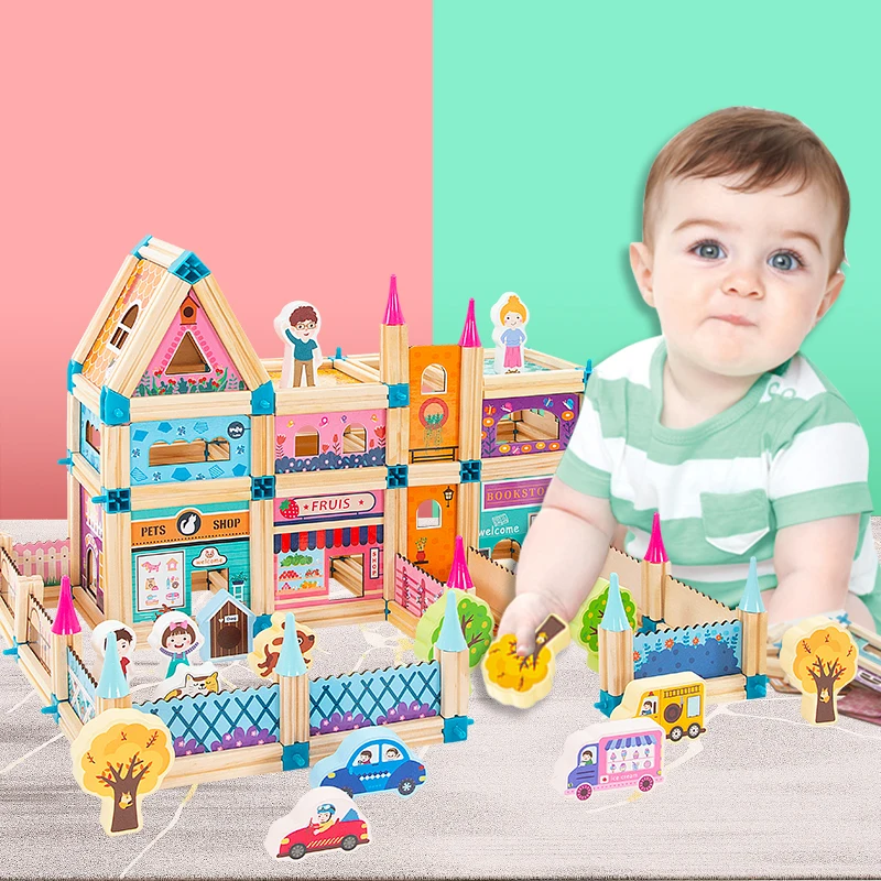 

Wooden Toy Colorful Building Blocks Villa House Toys Kids Wood Game Learning Educational Toys