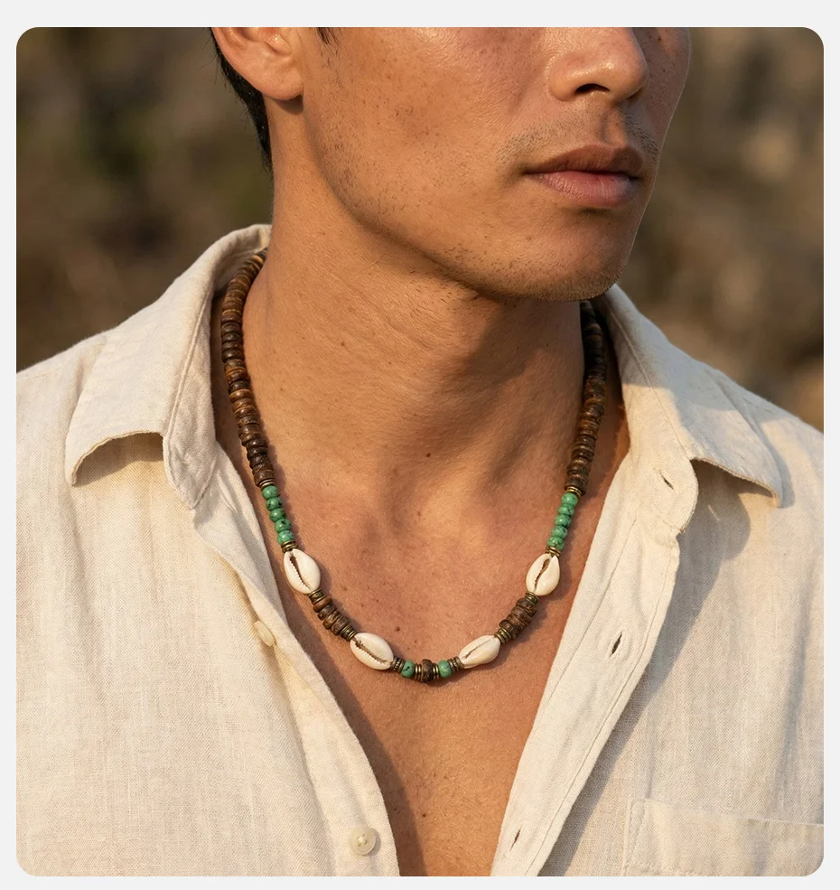 Vnox Verstellbare Kokosnussmuschel-Perlenkette für Herren, Legierungs-Abstandsperlen mit Muschelanhänger, Surf-Boho-Strand-Holzschmuck Geschenk – Detail 2