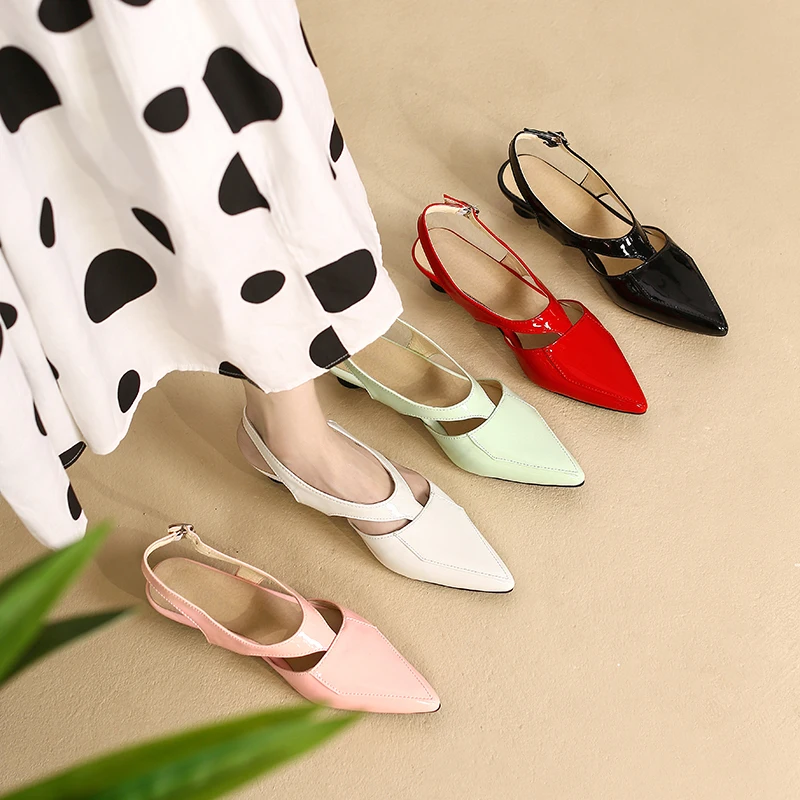 Plus Size Glossy Patent Leather Pointed Low Heeled Side Hollowed Out Casual Sandals Round Heeled Sewing Office Women's Shoes