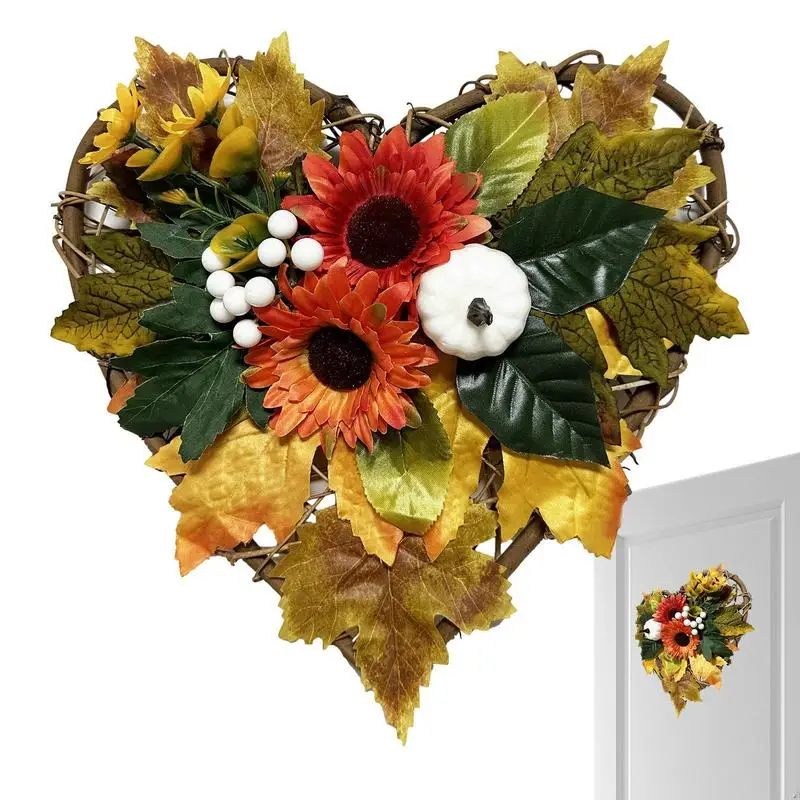 

Artificial Maple Leaves Wreath Heart-Shaped Autumn Wreath With Sunflower Indoor Outdoor Seasonal Ornament Farm Decor For Doors