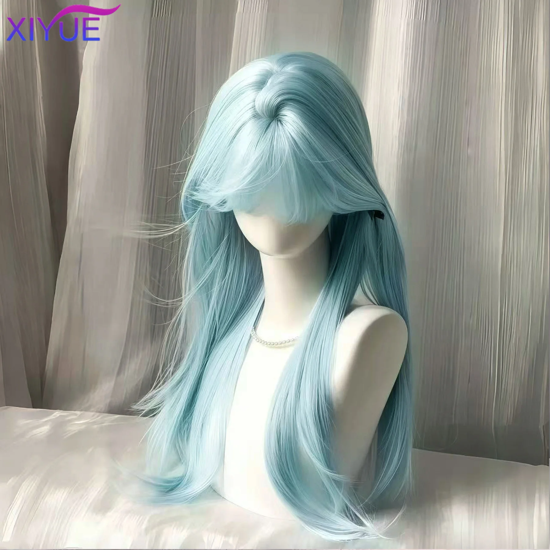 XIYUE Long curly hair Synthetic Wigs with Bangs Blue Green Cosplay Party Lolita Hair Wigs for Women Natural Heat Resistant Wig