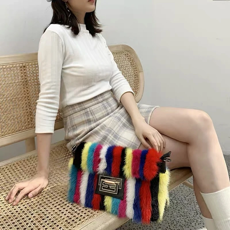 Women's Temperament Fashion Fur Shoulder Bag Colorful Striped Mink Fur Shoulder Bag Real Cowhide Chain Embellished Crossbody Bag