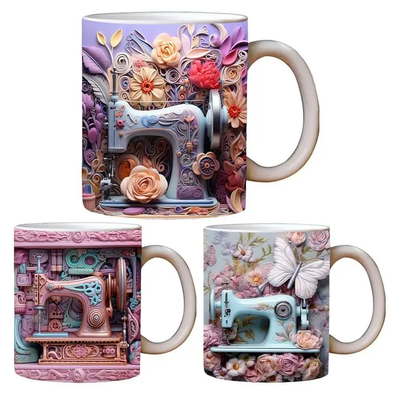 

3D Flower Sewing Machine Mug 350ml Ceramic Coffee Mug Creative Space Design Tea Cup Birthday Christmas Gift For Sewing Lovers