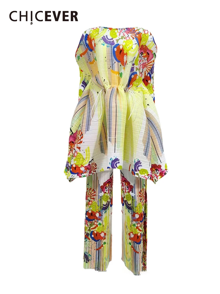 

CHICEVER Print Two Piece Sets For Women Round Neck Long Sleeve Spliced Drawstring Top High Waist Loose Pant Hit Color Set Female