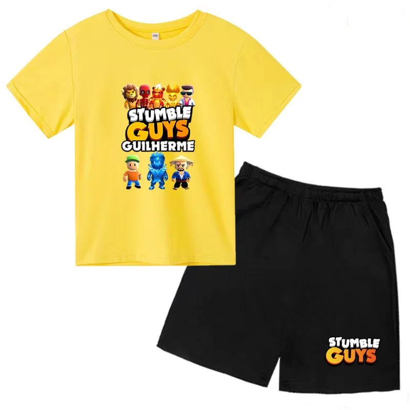Kids clothing set 3-12yrs boys girls cartoon STUMBLE GUYS print T-shirt + shorts 2P outdoor sports leisure set