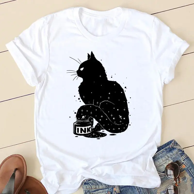 

Short Sleeve Ladies Women Tshirts Fashion Casual Summer Watercolor Cat 90s Trend Clothes Female Tee Graphic T-shirt Clothing