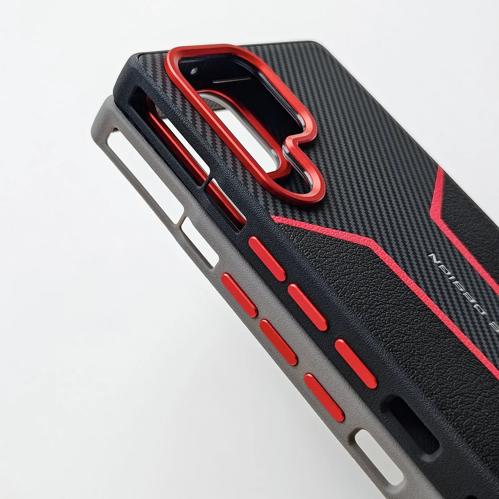 Enhanced Red Spliced Carbon Fiber Leather Phone Case with Camera Protection