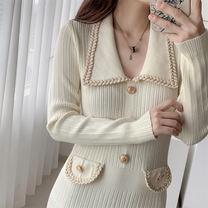 Vestidos de punto de otoño e invierno para mujer, cuello vuelto, moda coreana, corte en A, vestido liso informal, vestidos ajustados para mujer, nuevo