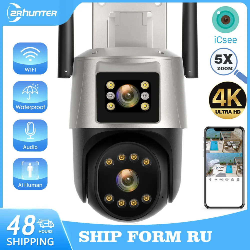 

8MP 4K IP Camera Dual Lens Outdoor PTZ Wifi Security Camera Auto Tracking Color Night Vision CCTV Wifi Surveillance Camera iCSee