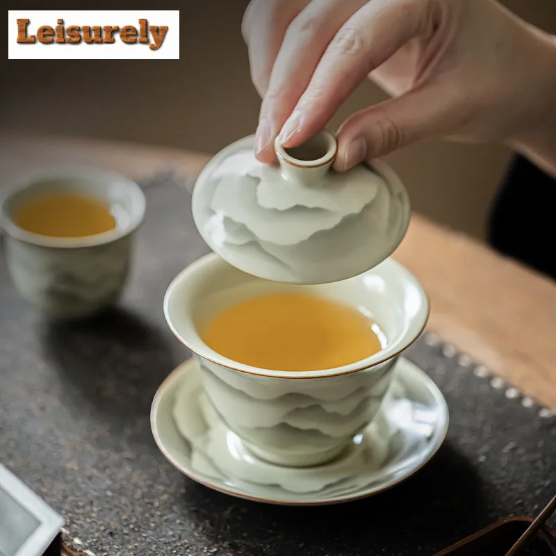 150ML Handmade Ru Kiln Porcelain Gaiwan Mountain Flower Sancai Ceramic Tea Tureen Tea Maker Cover Bowl Tea Items Supplies Gifts