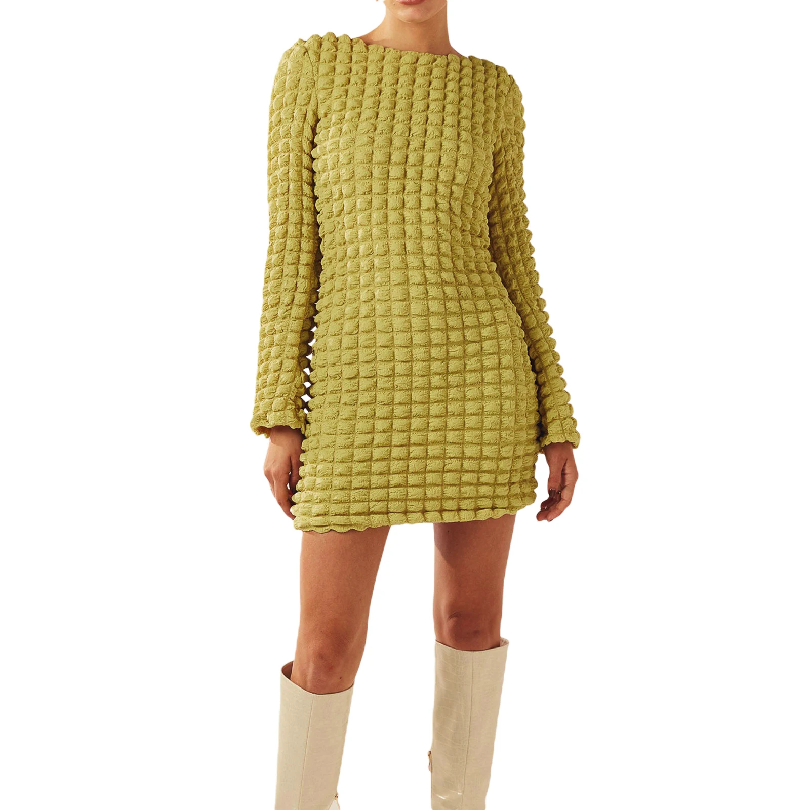 

Women Fashion Elegant Bodycon Dress Long Sleeve Crew Neck Backless Plaid Slim Fit Dress for Cocktail Party Streetwear