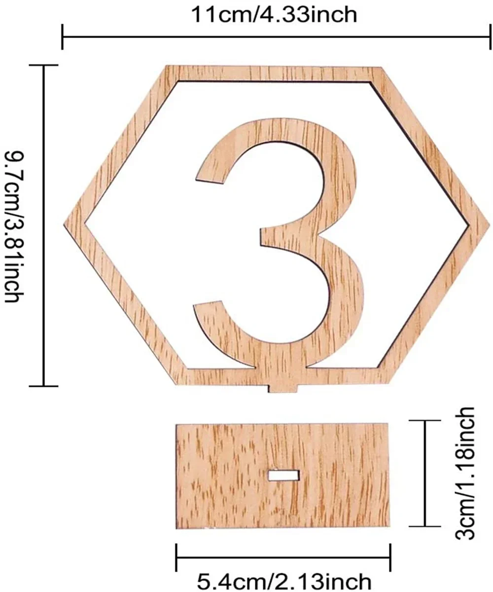 1-20 Number Wooden Table Numbers 20Pcs Hexagon Shape with Holder Base for Wedding Party Events Catering Decor Supplies