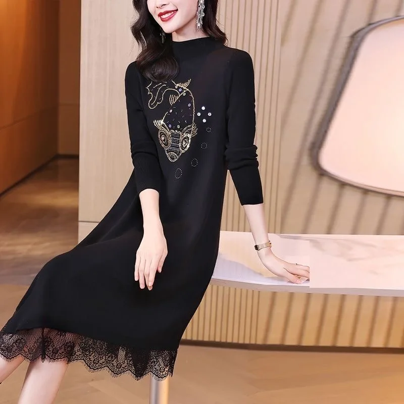 

Women Winter Thic Soft Lace Wool Dress Office Lady Solid Elegant Korean Fashion Printed Casual Knitted Tunics