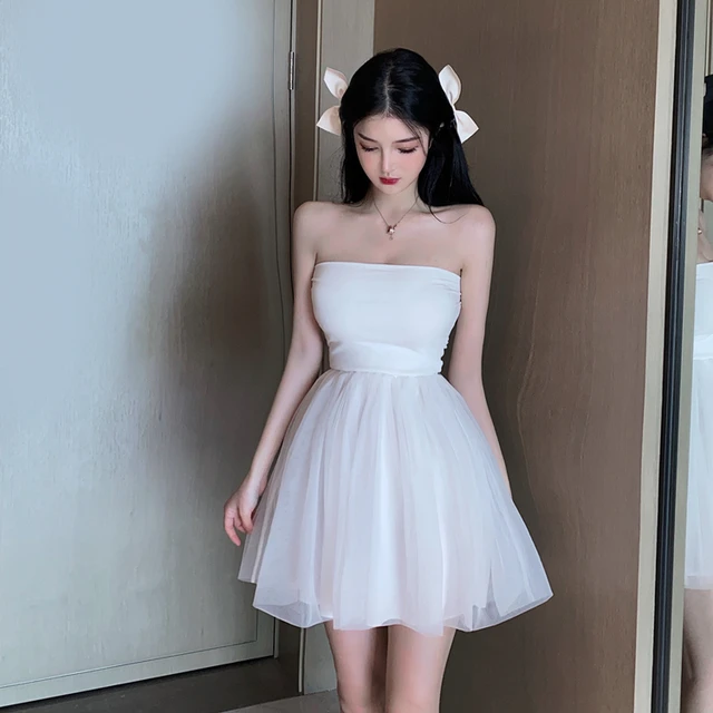 Sweet Gauze Puffy Dress Summer Sexy Strapless White Tube Top Dress 2021mnew  Female Super Fairy Princess Style Red Mini Dress - Dresses - AliExpress