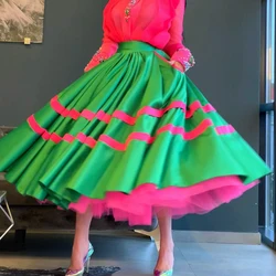 New Designs Mid Calf Satin Skirts Fashion Mix Color Green Zipper Long Skirt Mesh Lining Party Skirt Women Custom Made Faldas