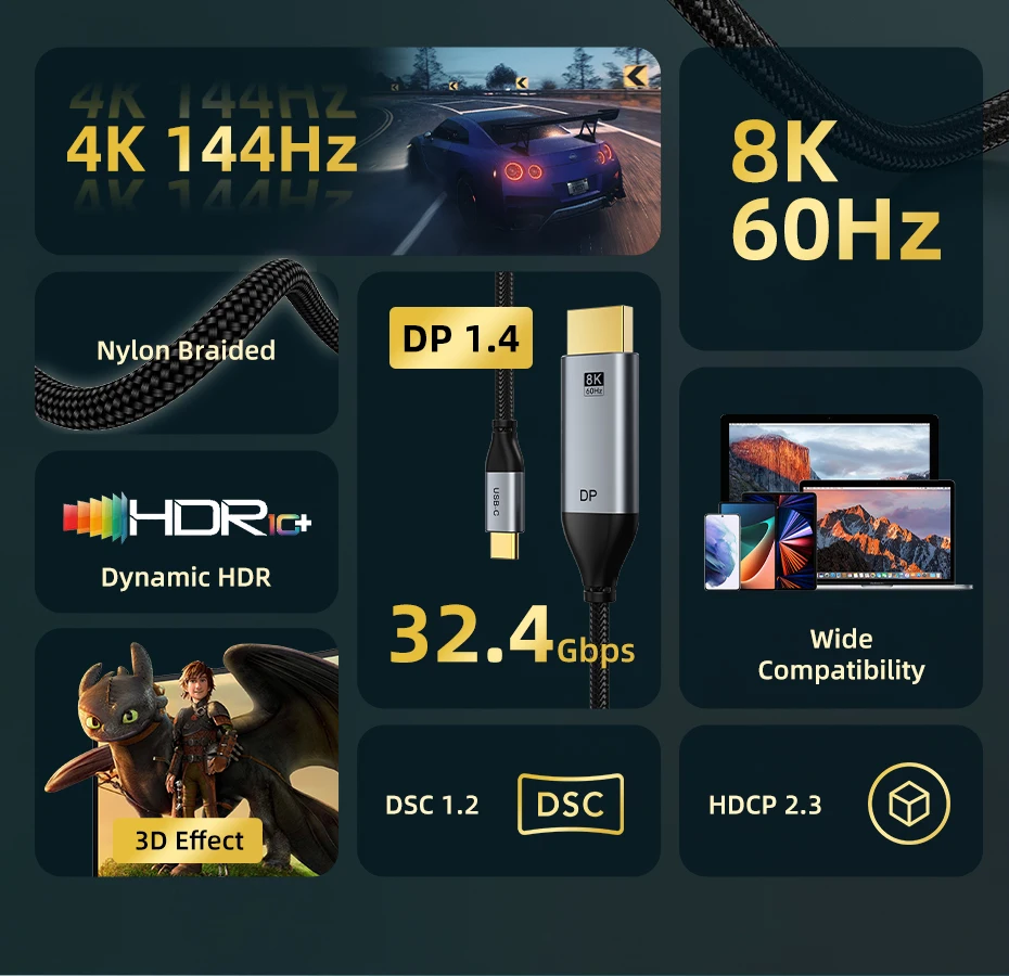 Cabletime USB-C to DisplayPort Cable 8K 60Hz DP 1.4