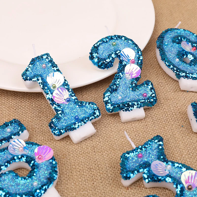 Glitzernde blaue Zahl Kerzen Kuchendeckel Kinder Junge Mädchen Geburtstag Party Kuchen Dekoration Meerjungfrau Partyzubehör Unter dem Meer Dekor – Detail 8