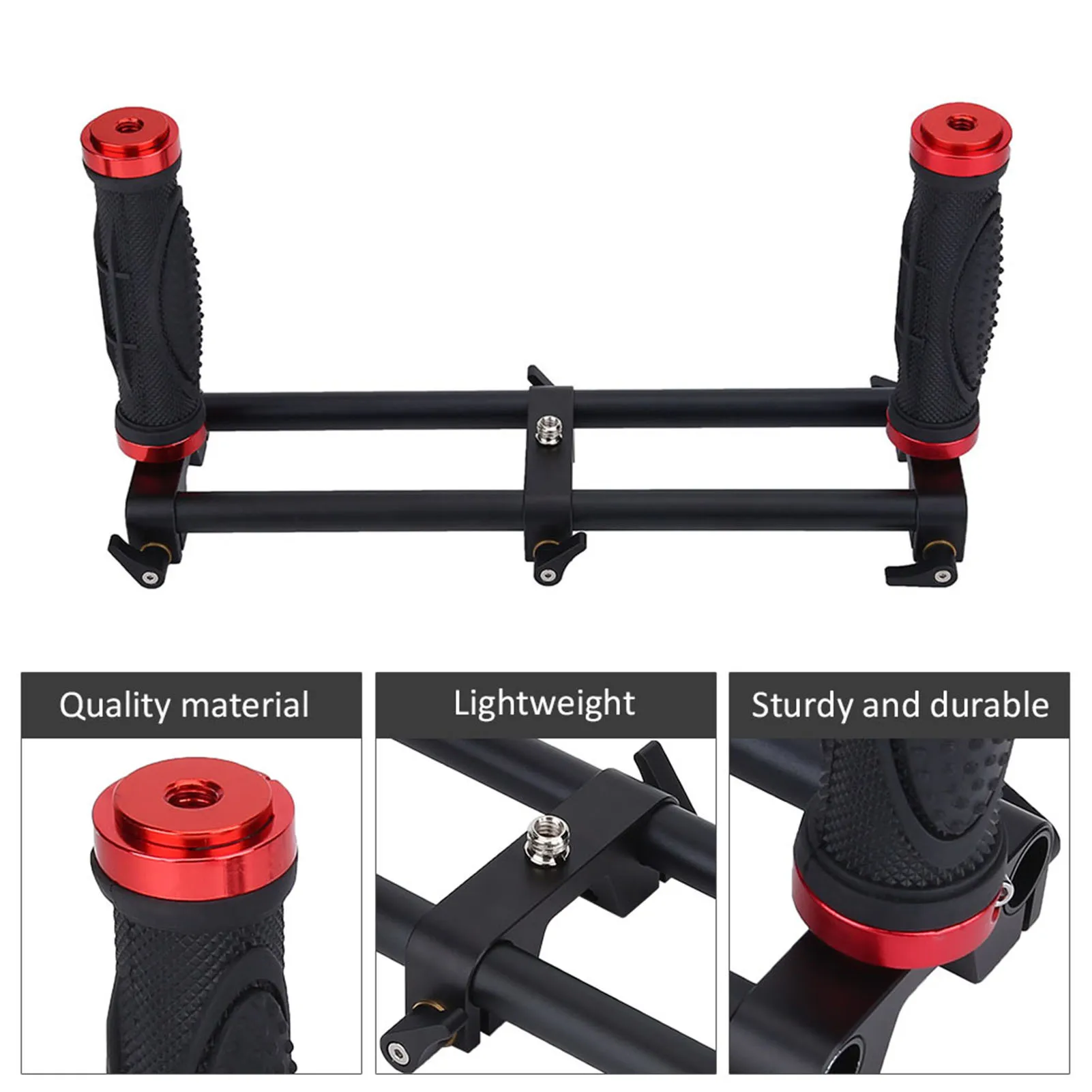 Gros plan sur les vis 1/4" et 3/8" de la double poignée stabilisateur pour Zhiyun Feiyu MOZA, montrant les détails de fabrication