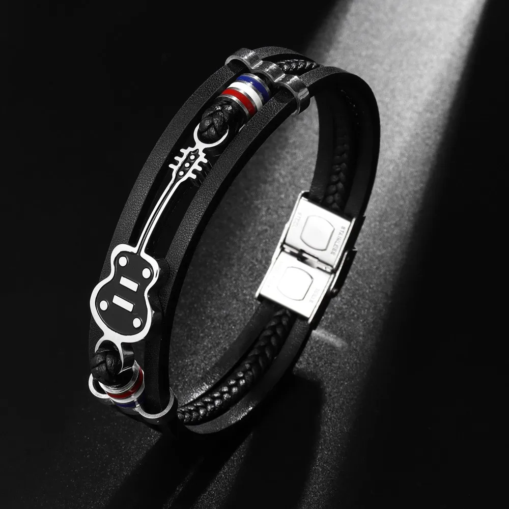 Music Lovers Guitar-shaped Bracelet Men's Punk Woven Leather Bracelet Popular Personality Holiday Gift Party Acces