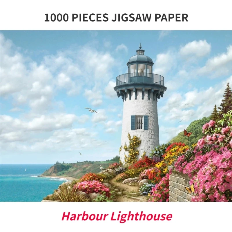 

69*51cm 1000 Piece Paper Jigsaw Puzzle Lighthouse by Harbour Landscape Painting Educational Entertainment Adult Children Toys