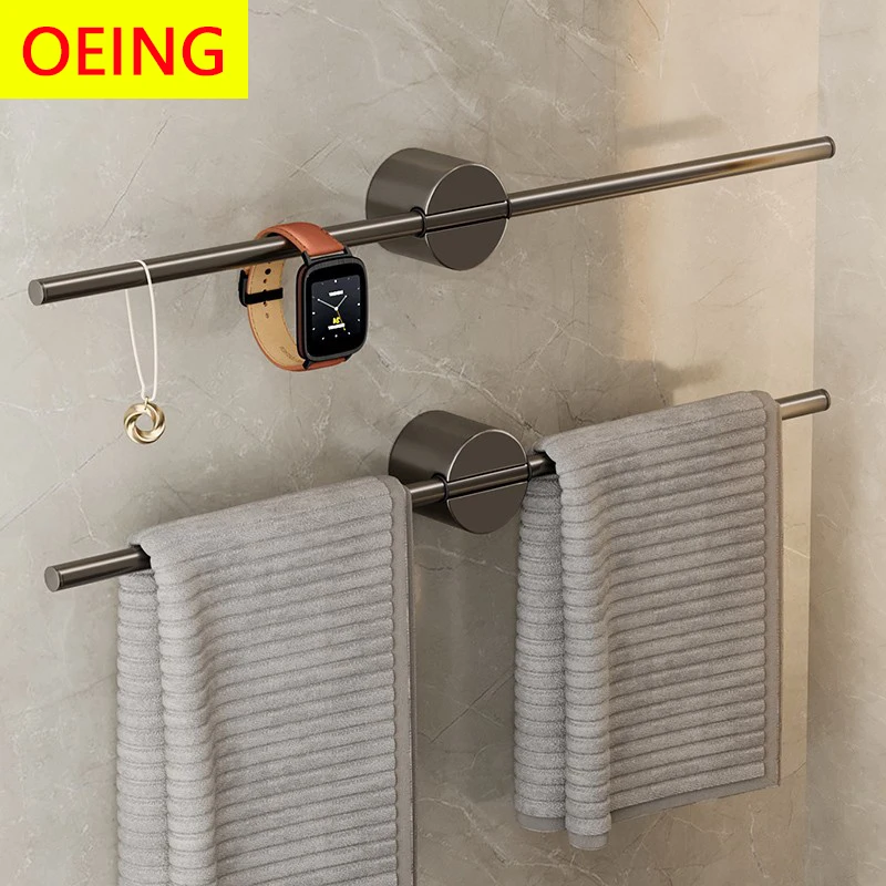 

Bathroom Towel Rod Without Punching Bathroom Space Aluminum Towel Rod Minimal Light Luxury Single Rod Towel Rack Gun Gray