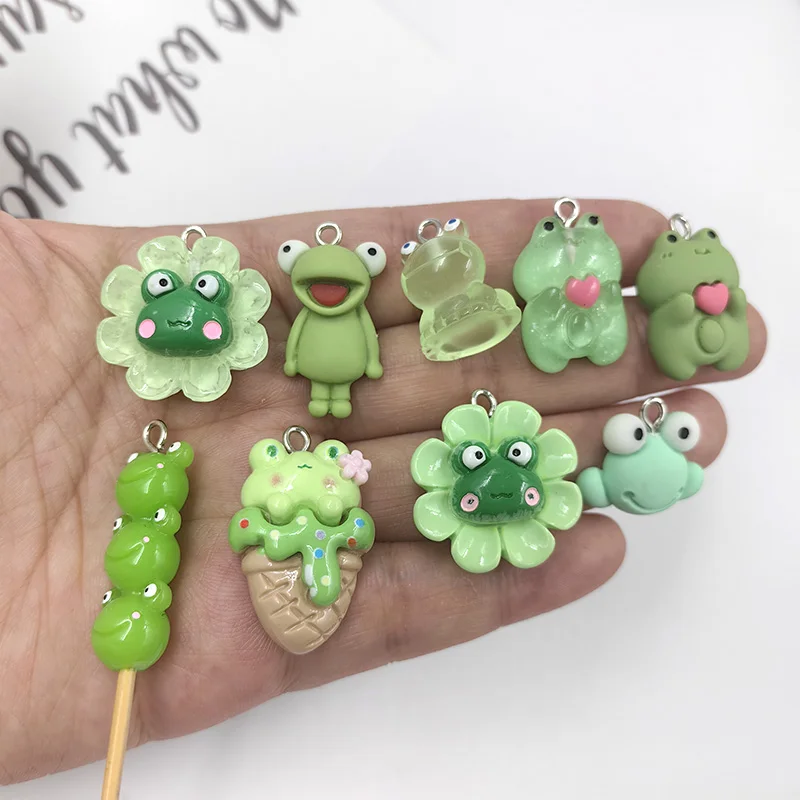 사랑스러운 귀여운 녹색 개구리 꽃, 송진 동물 펜던트, 쥬얼리 제작, DIY 귀걸이 키 체인, 플랫백 카보숑, 10 개