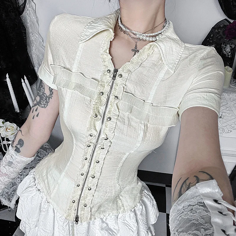 Goth Dark Punk Mode Kurzarm-Reißverschluss-Shirts Blusen 90er E-Girl Plissierter Reverskragen T-Shirts Mall Gothic Damen Techwear