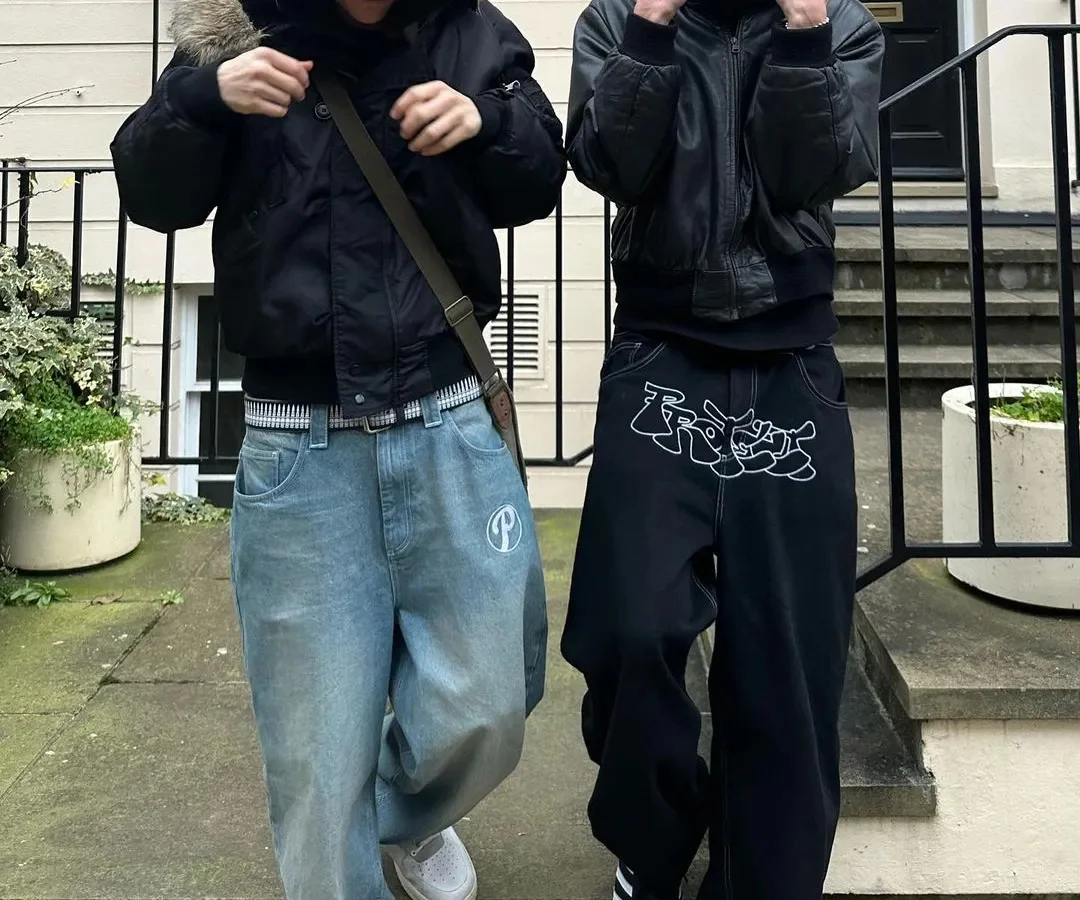 

Men's blue letter printed jeans high-end fashion hip-hop trend straight casual pants loose couple street American retro pants