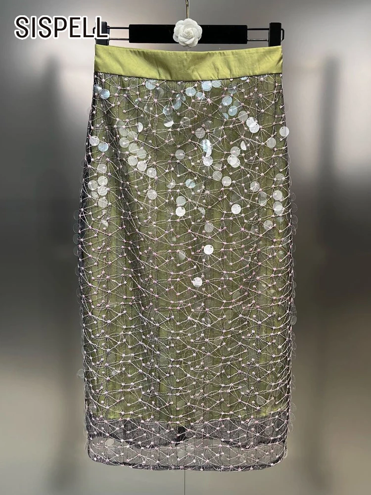 

SISPELL Lined Sheer Mesh Skirts For Women High Waist Patchwork Diamonds Temprament Bodycon Skirt Female Summer 2023 Style New