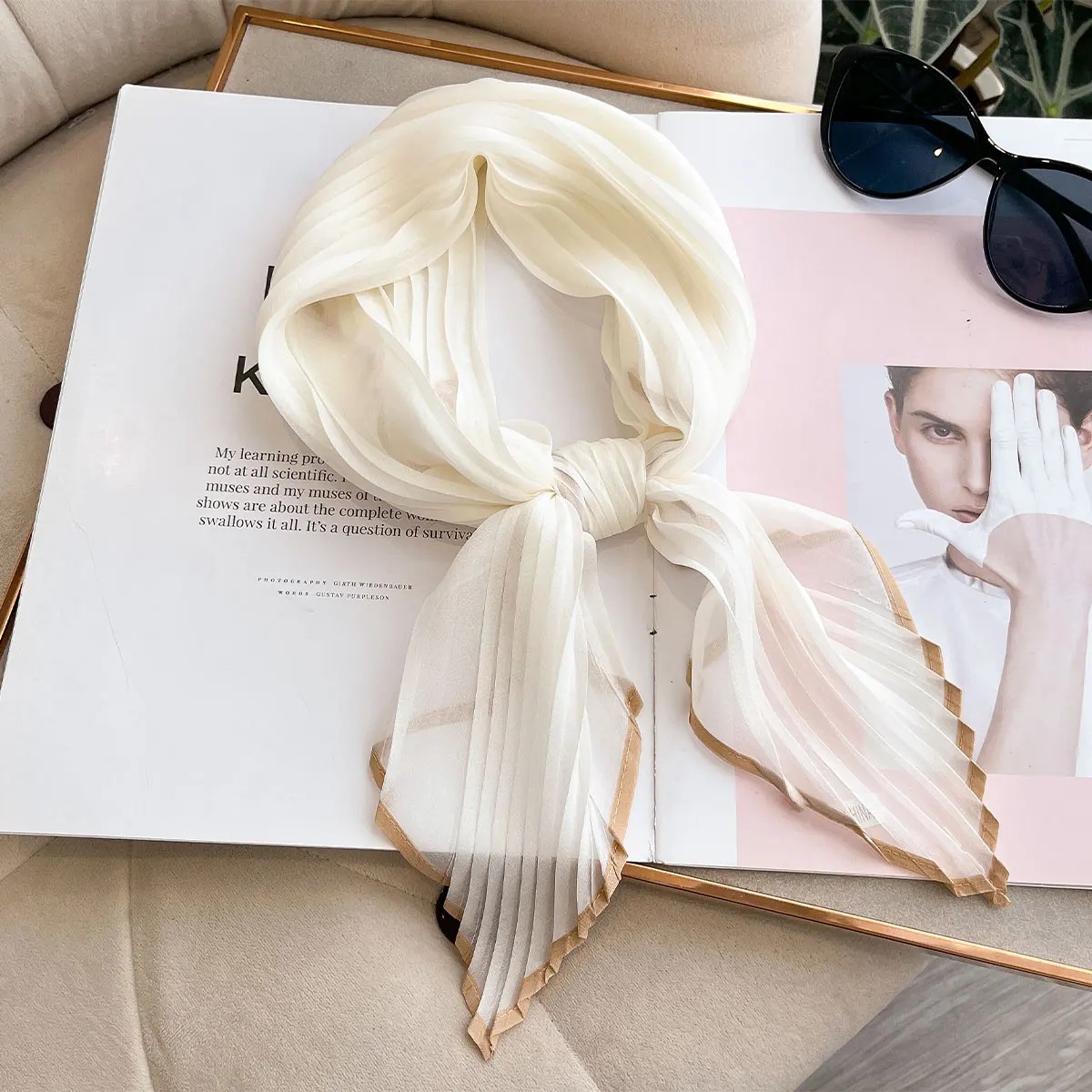 Women Pleated Satin Solid Scarf Headscarf Neckerchief Square Shawl Hair Tie Band HandKerchief Satin Foulard Scarves Decorative