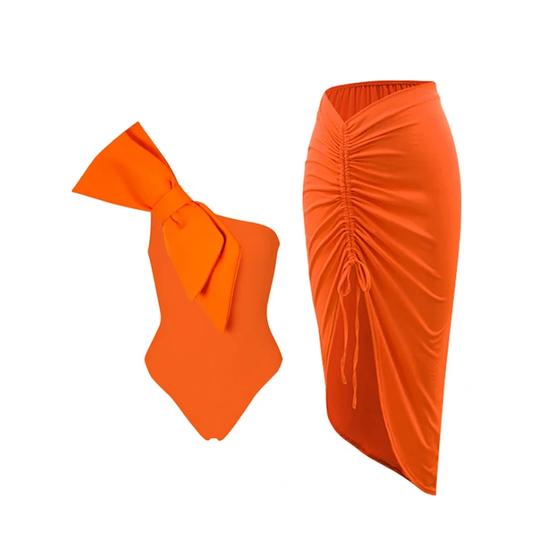 Summer Solid One Piece Swimsuit Women Swimwear 2023 Orange Bowknot One Shoulder Design Monokini Bathing Suit Brazilian Beachwear