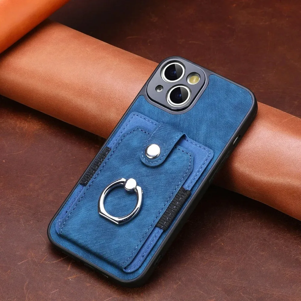 Magnetic Finger Ring Holder Phone Case with Wallet Card Slot and PU Leather Cover