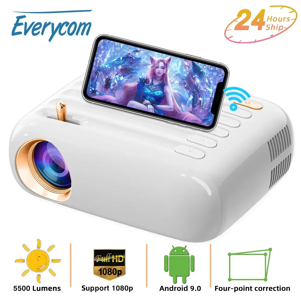 

Мини-проектор Everycom T3 с поддержкой 1080P для домашнего кинотеатра, проекторы с экраном, портативный светодиодный лучевой проектор, Android 9,0, Smart Tv