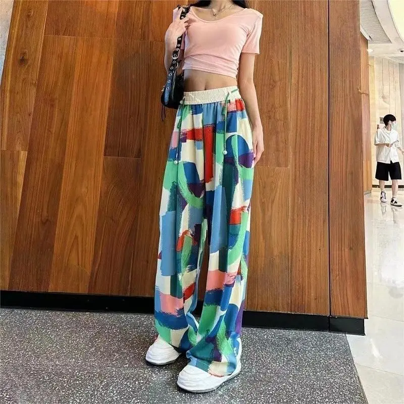 2024 Summer New Women's Printed Korean Beachy Loose Elasticized High-waisted Drawstring Fashion Straight Casual Wide Leg Pants