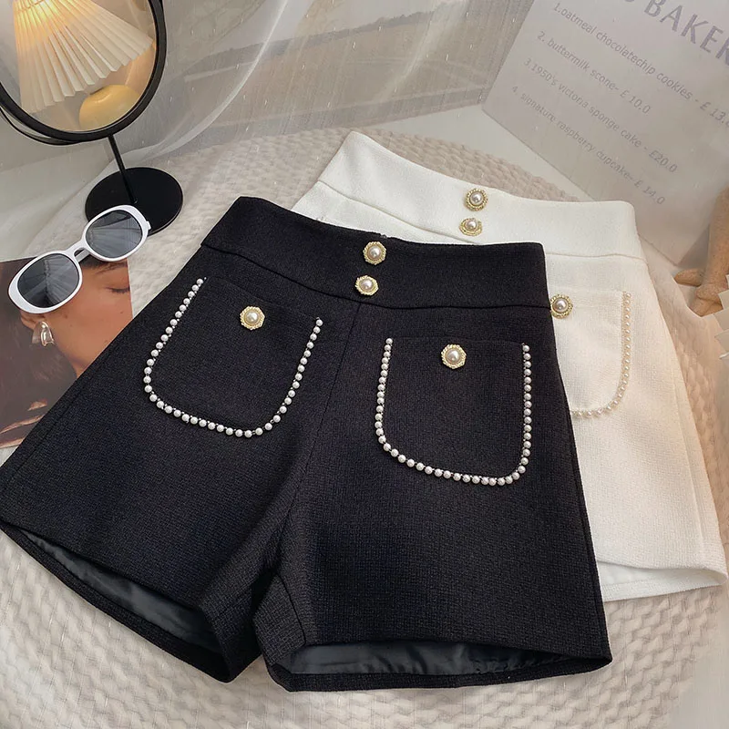 

High Waist Pocket 2023 Tweed Shorts Women Pantalones Cortos De Mujer White Beaded Wide Leg
